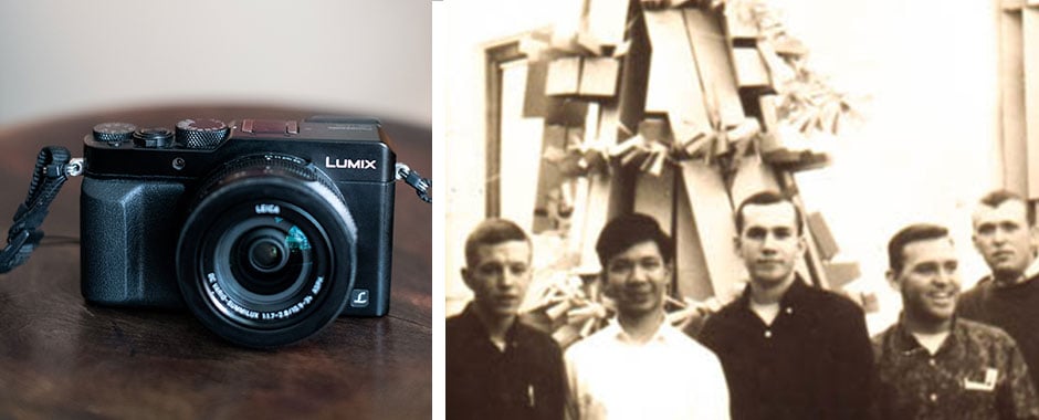 Black camera next to a photo of a young Max Steele and coworkers