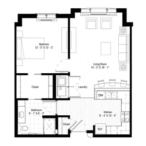 The Halmstad - 827 sq ft, 1 bedroom, 1 bathroom