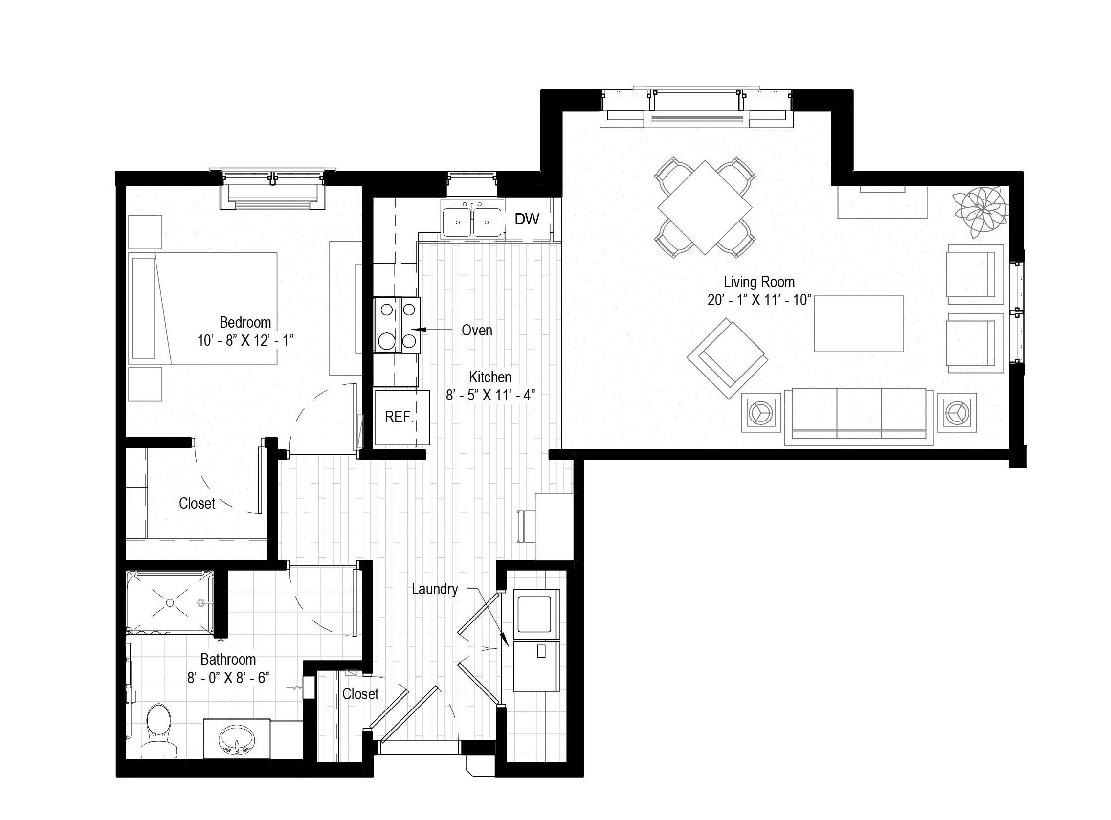 The Lund - 865 sq ft, 1 bedroom, 1 bathroom