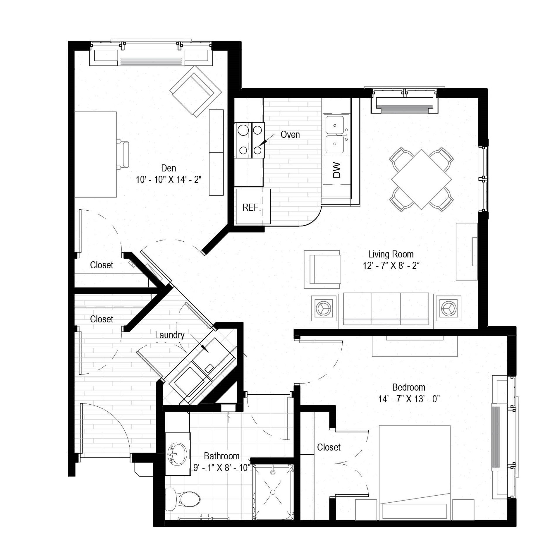 The Malmo - 951 sq ft, 1 bedroom, 1 bathroom, den