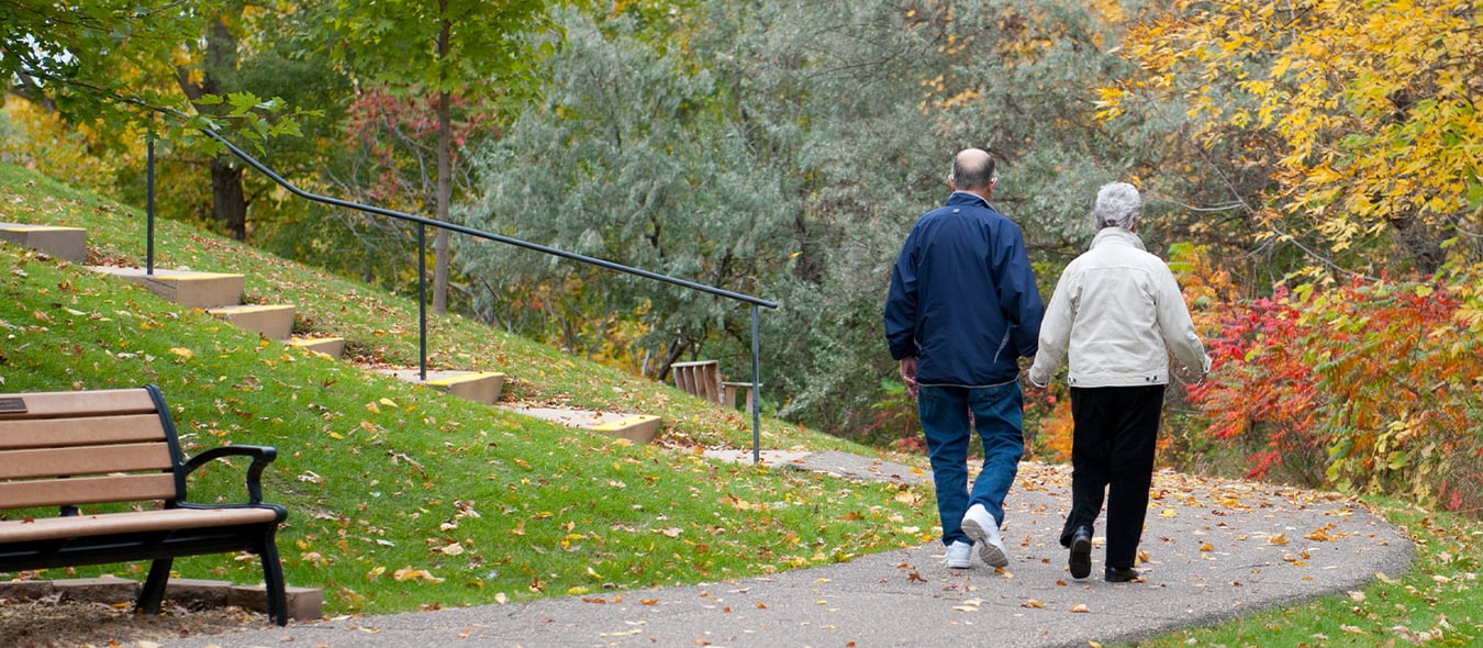 Elderly couple holding hands on path in autumn  